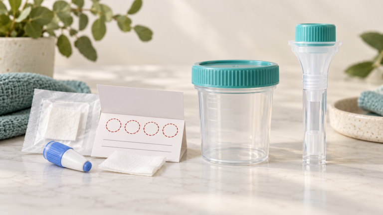 At-home blood, urine, and saliva sample collection kits side by side