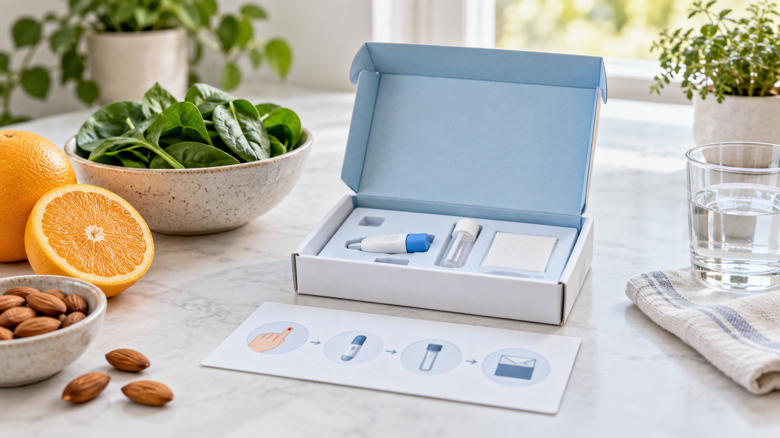 At-home micronutrient testing kit with nutrient-rich foods