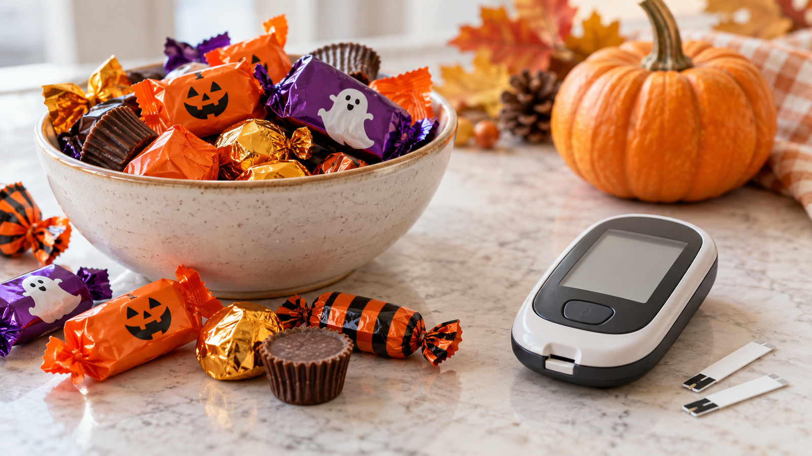 Halloween candy beside a home blood glucose meter and test strips