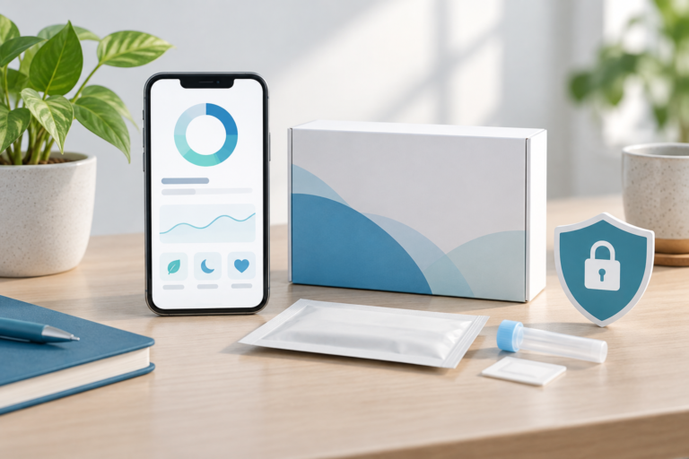 At-home wellness test kit, mobile app, and privacy shield