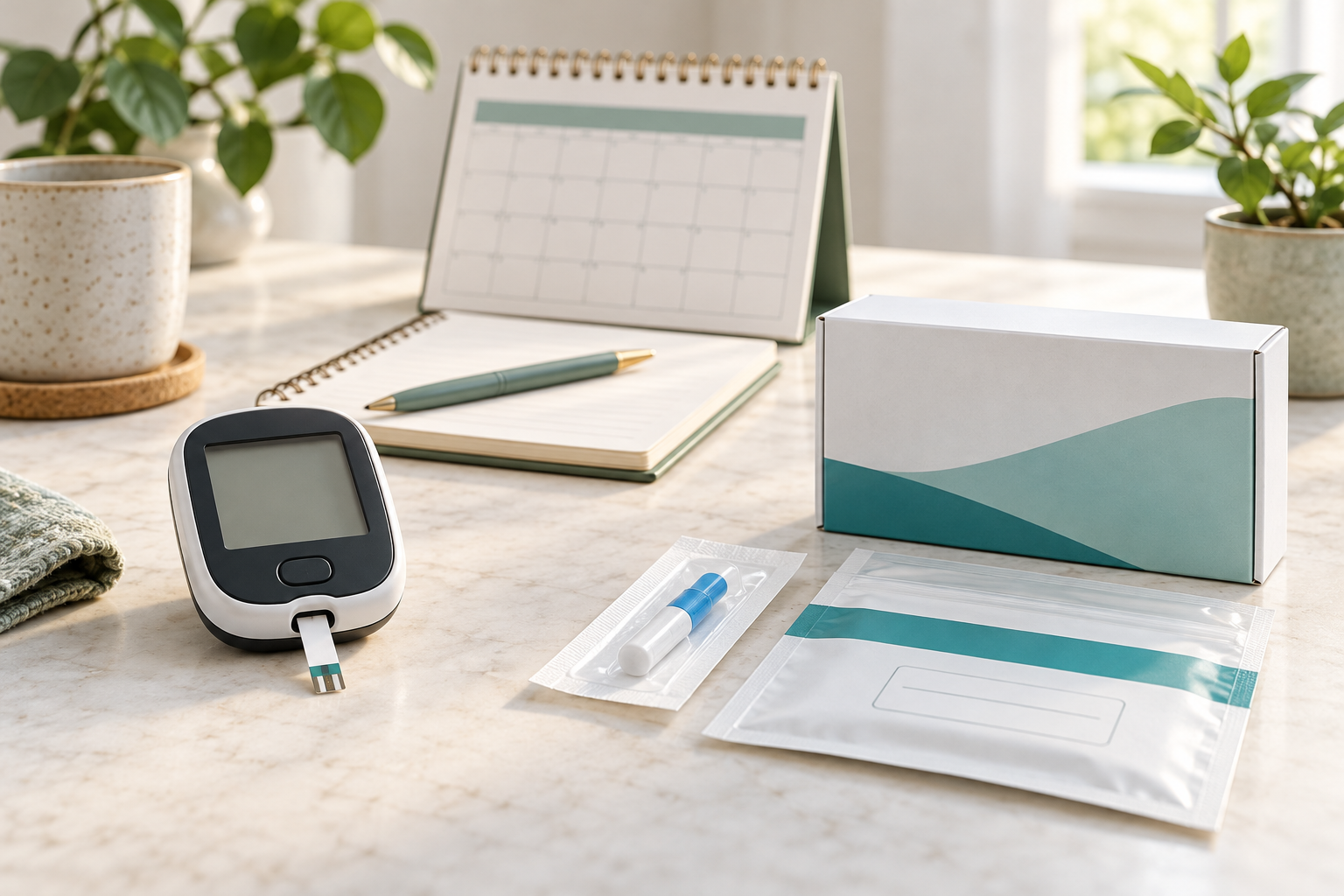Blood glucose meter beside an illustrative at-home A1C sample collection kit