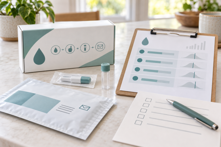 Illustrative at-home cholesterol collection kit beside a lipid report and buying checklist