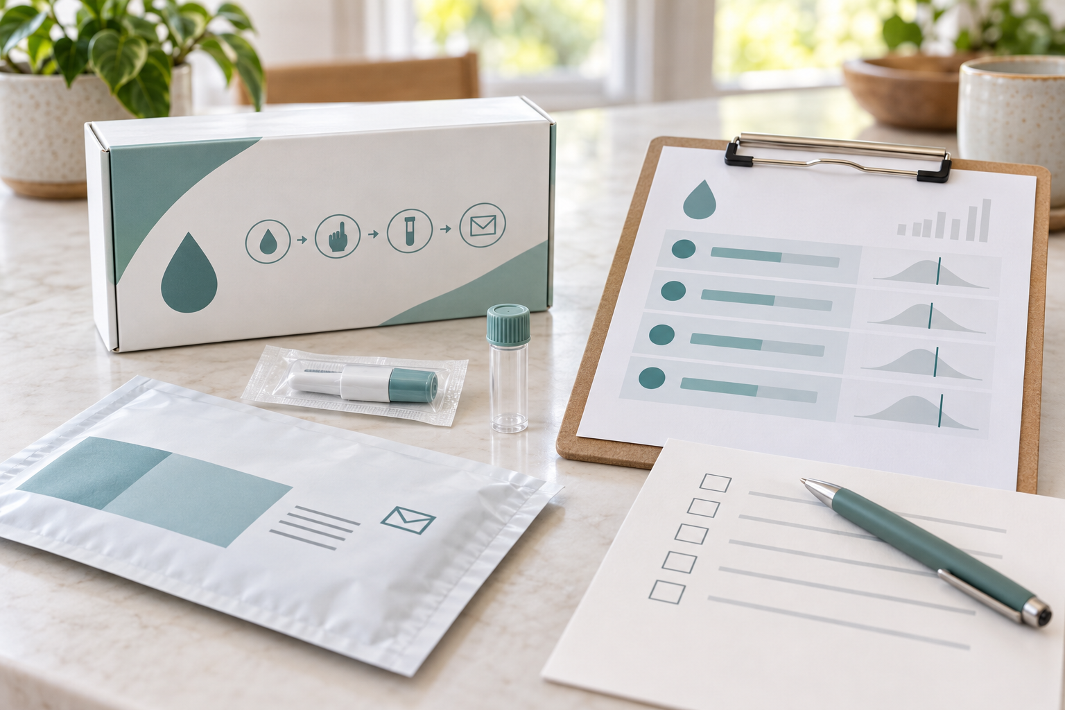 Illustrative at-home cholesterol collection kit beside a lipid report and buying checklist