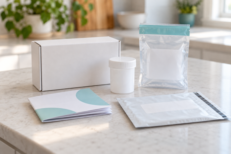 Illustrative at-home gut health test kit with a sample container, specimen bag, instructions, and return mailer on a countertop.