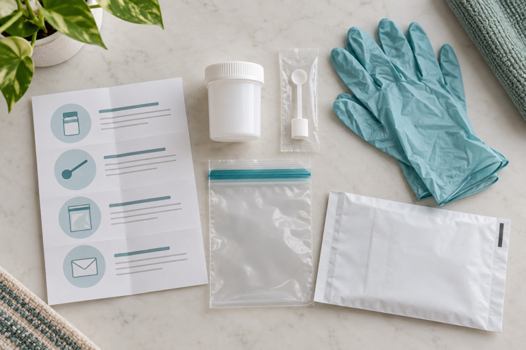 Illustrative stool sample collection supplies with a container, wrapped collection tool, gloves, specimen bag, instructions, and return mailer.