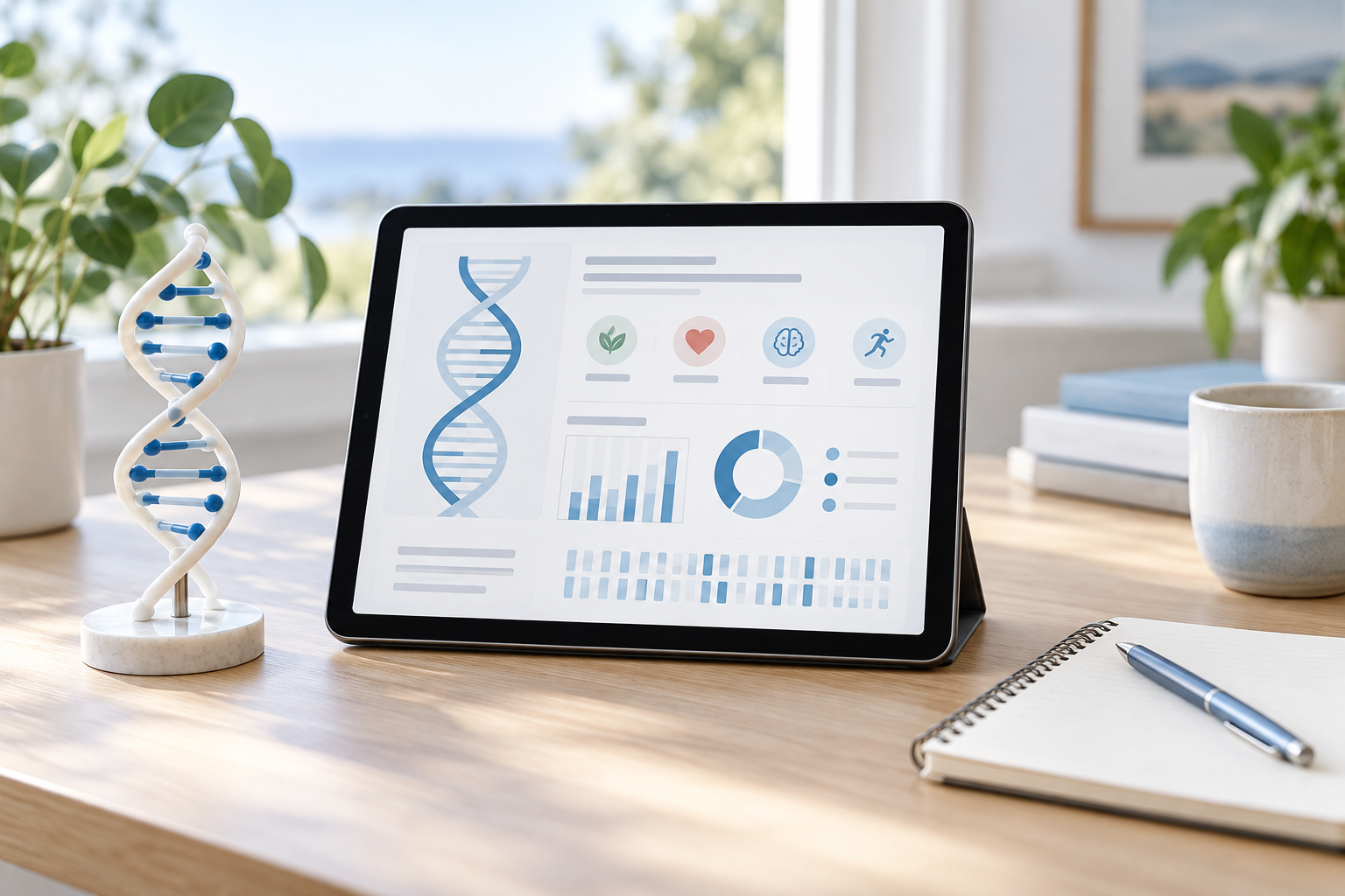 Tablet displaying an illustrative DNA health report beside a DNA model