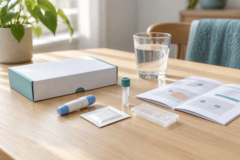 At-home blood test kit with a glass of water and instructions for checking fasting requirements.