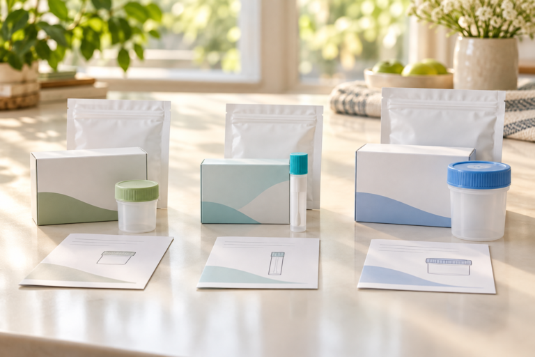 Illustrative stool collection kits for gut health, FIT, and stool DNA testing