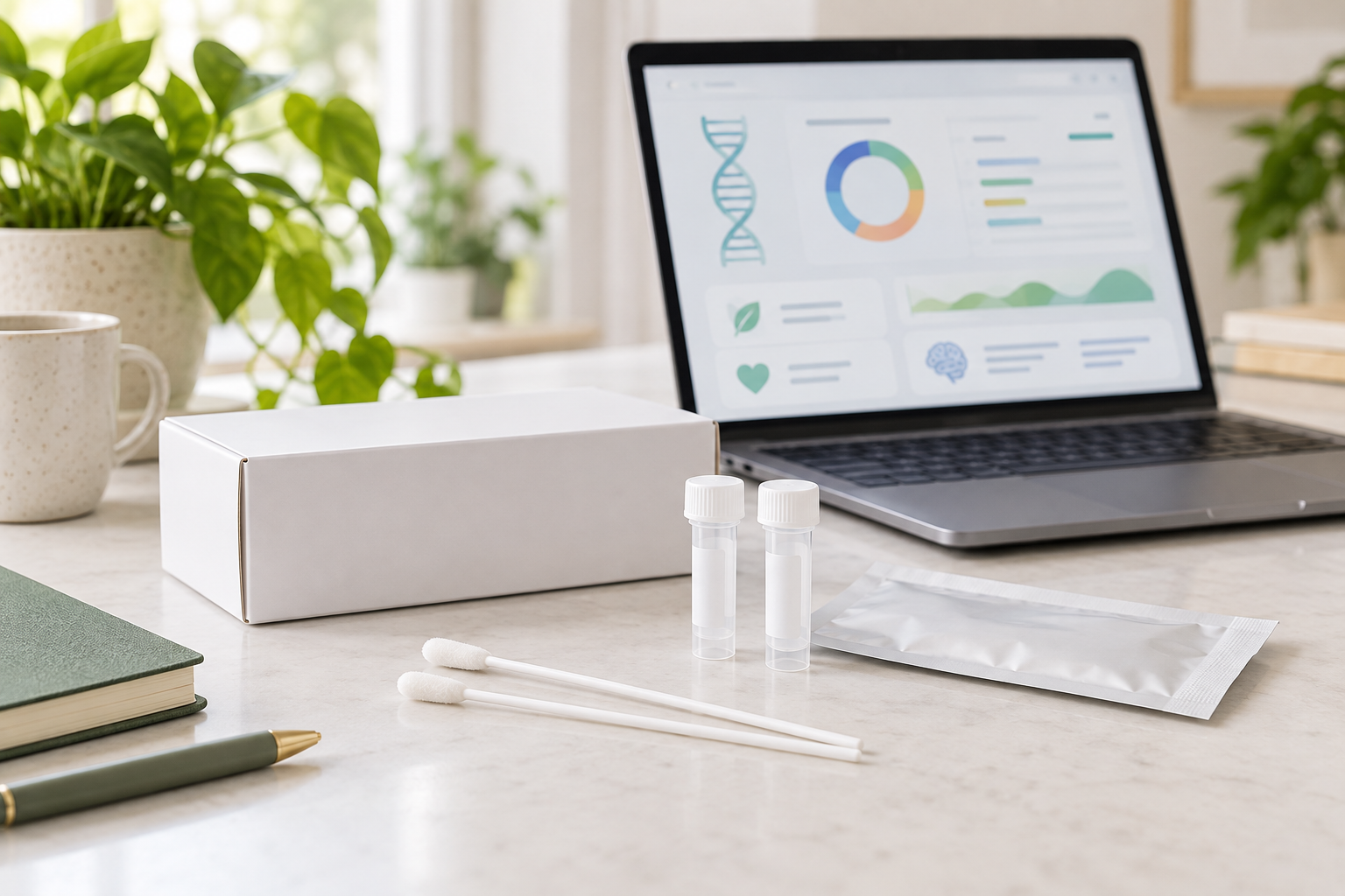 Illustration of an at-home DNA cheek-swab kit beside a laptop displaying a genetic health report