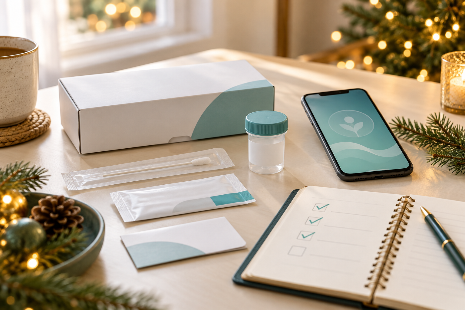 At-home wellness testing supplies and a planning checklist with year-end holiday decorations